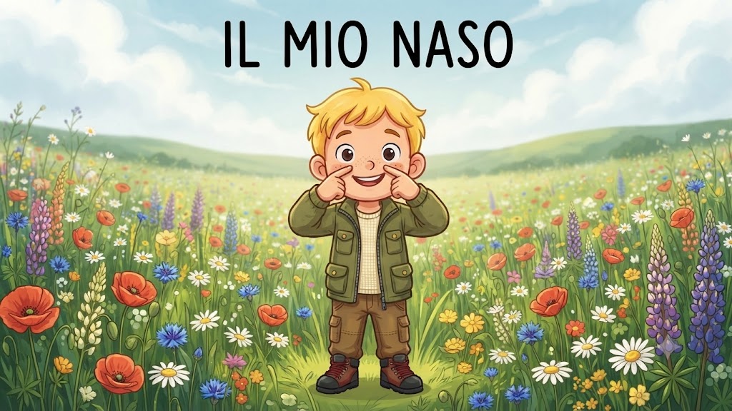 Il mio naso: un bambino in un prato fiorito si tocca il naso