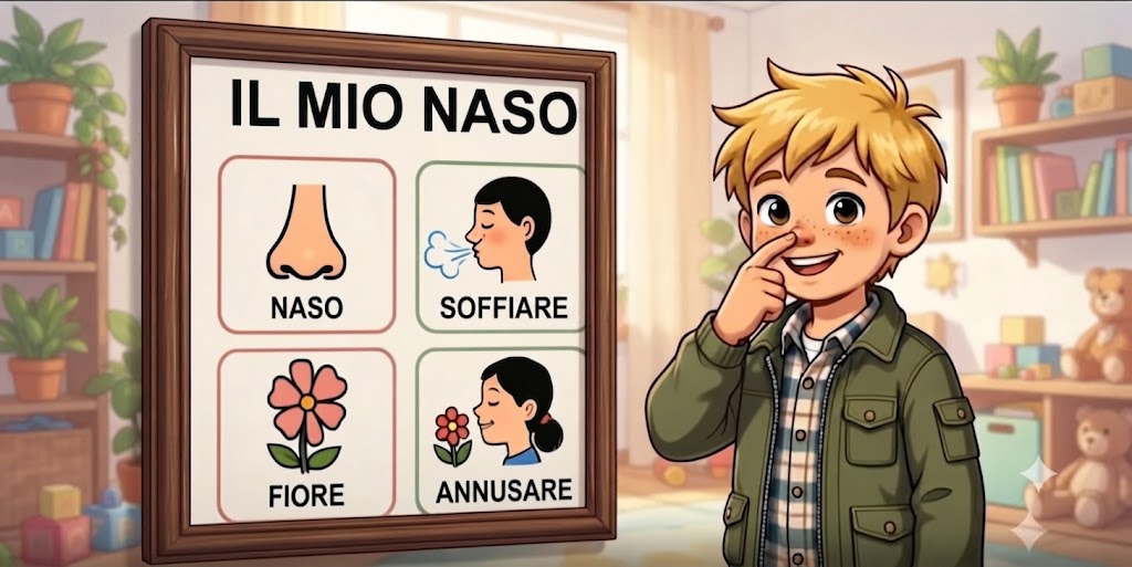 Tabellone CAA con i simboli: naso, soffiare, fiore, annusare