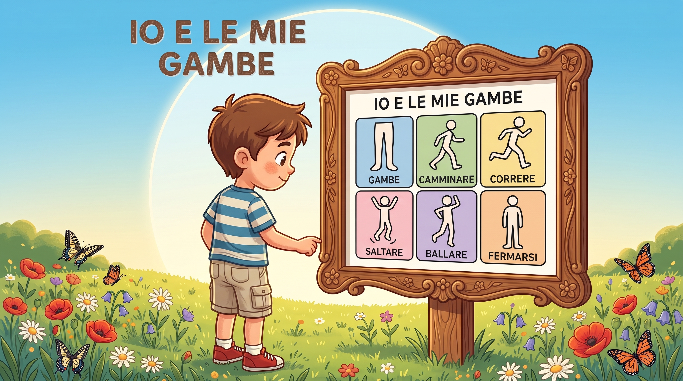 Tabellone CAA con i simboli: gambe, camminare, correre, saltare, ballare, fermarsi