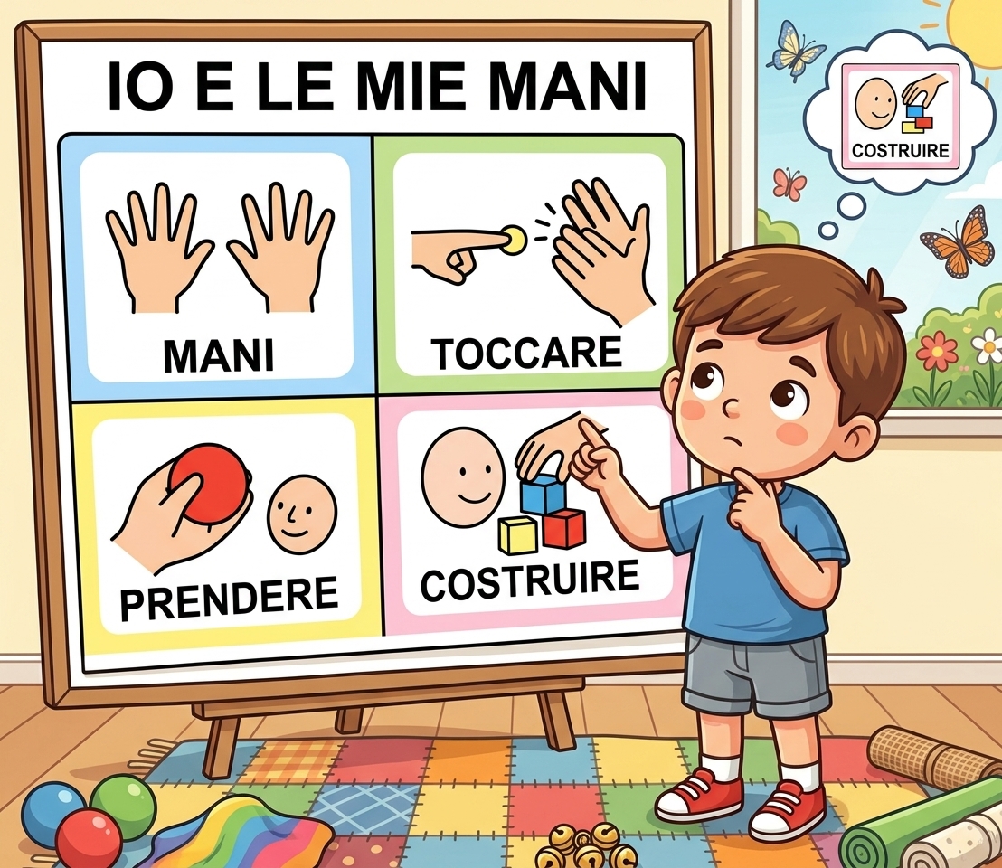 Tabellone CAA con i simboli: mani, toccare, prendere, costruire