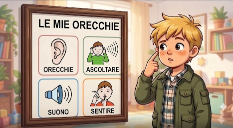 Tabellone CAA con i simboli: orecchie, ascoltare, suono, sentire